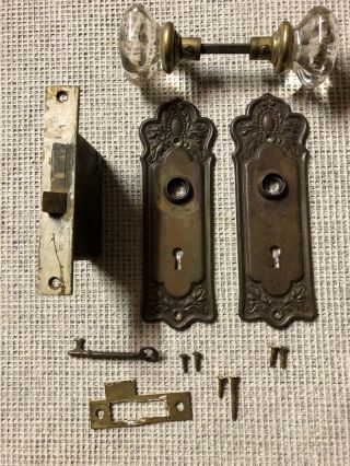 Vintage BRASS ANTIQUE Glass DOOR KNOB BACK PLATES and lock key set patina 2