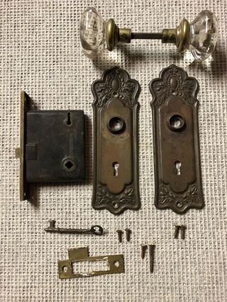 Vintage BRASS ANTIQUE Glass DOOR KNOB BACK PLATES and lock key set patina 3