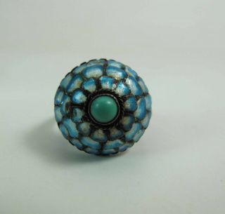 Antique Chinese Blue & White Enameled Silver Adjustable Ring W/ Turquoise