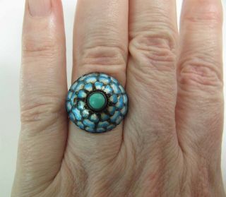 Antique Chinese Blue & White Enameled Silver Adjustable Ring W/ Turquoise 2