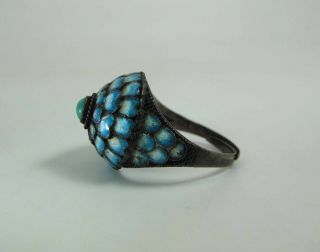 Antique Chinese Blue & White Enameled Silver Adjustable Ring W/ Turquoise 3