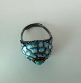 Antique Chinese Blue & White Enameled Silver Adjustable Ring W/ Turquoise 4