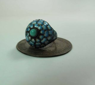 Antique Chinese Blue & White Enameled Silver Adjustable Ring W/ Turquoise 7
