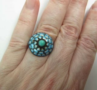 Antique Chinese Blue & White Enameled Silver Adjustable Ring W/ Turquoise 8