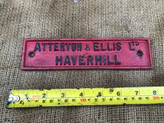 Vintage Cast Iron Name Plate Plaque Sign Atterton & Ellis Haverhill