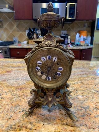 Antique Brass Victorian Ornate 12 " Wind Up Mantle Clock - Broken