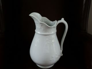 Antique White Ironstone 12 " Flowers & Leaves Water Pitcher Oriental Shape Unknown