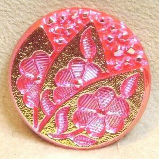 Vintage Button Hot Pink Glass With Gold Leaves & Deco Flowers A23