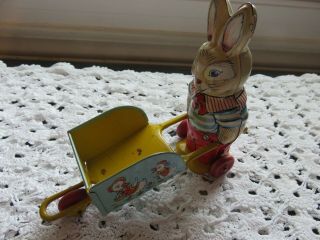 Vintage J Chein Easter Bunny Tin Litho Toy Rabbit Push Cart