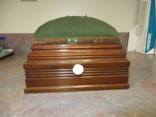 Sewing Box Spool Holder Pin Cushion With Drawer,  Orig Finish Walnut Dovetailed