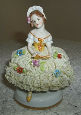 Antique Dresden Girl Sitting Holding Book Gorgeous Lace Ruffled Dress W/tiny Ros