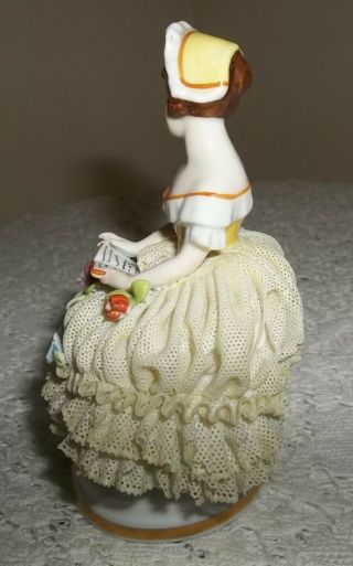 antique DRESDEN GIRL SITTING holding book GORGEOUS LACE RUFFLED DRESS w/tiny ROS 3