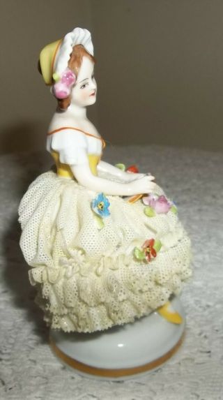 antique DRESDEN GIRL SITTING holding book GORGEOUS LACE RUFFLED DRESS w/tiny ROS 5