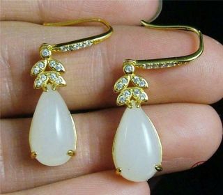 A Fine Natural Chinese White Nephrite Jade Earrings Gilt Silver Hook