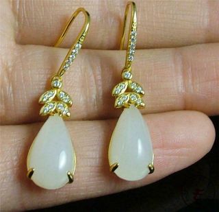 A Fine Natural Chinese White Nephrite Jade Earrings Gilt Silver Hook 2