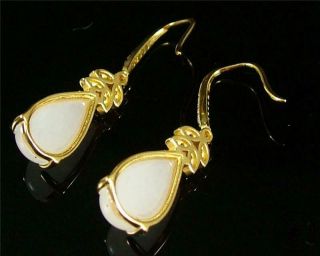 A Fine Natural Chinese White Nephrite Jade Earrings Gilt Silver Hook 5