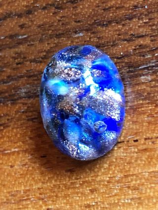 Antique Leo Popper Oval Glass Button 7/16x9/16 " Blue With Copper Glitter Flakes