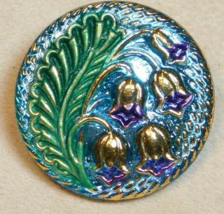 Vintage Button Lily Of The Valley Flower Blue Glass Purple Flowers Silver Bk M2