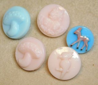 5 Vintage Baby Blue & Pink Glass Childrens Buttons Bambi Scotty Mushrooms B2