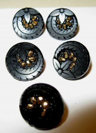 Five Small Antique Black Glass Buttons Gold Luster And Floral And Leaf Design