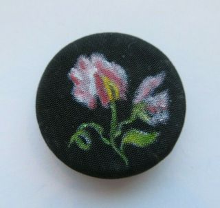 Lovely Antique Vtg Hand Painted Silk Fabric Button W/ Pink Flower Design 1 " (n)