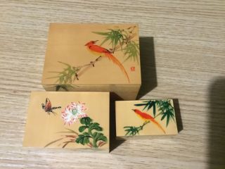 Vintage Japanese Lacquer Wooden Hand Paited Nesting Boxes X 3 Signed