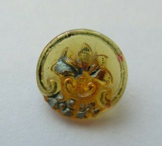 Antique Vtg Amber Lacy Glass Button W/ Enameled Flower 5/8 " (n)
