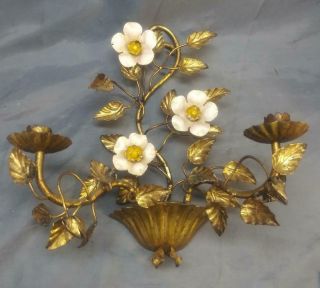 Old Vintage Italian Italy Wrought Iron Floral Candle Sconce Gold Gilt Tole Paint