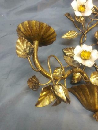 Old Vintage Italian Italy Wrought Iron Floral Candle Sconce Gold Gilt Tole Paint 2