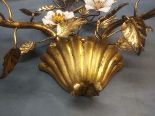 Old Vintage Italian Italy Wrought Iron Floral Candle Sconce Gold Gilt Tole Paint 3