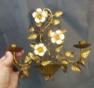Old Vintage Italian Italy Wrought Iron Floral Candle Sconce Gold Gilt Tole Paint 4