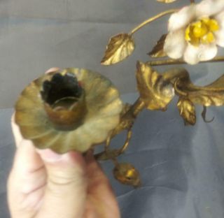Old Vintage Italian Italy Wrought Iron Floral Candle Sconce Gold Gilt Tole Paint 6