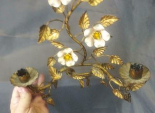 Old Vintage Italian Italy Wrought Iron Floral Candle Sconce Gold Gilt Tole Paint 7
