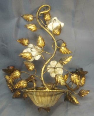 Old Vintage Italian Italy Wrought Iron Floral Candle Sconce Gold Gilt Tole Paint 8