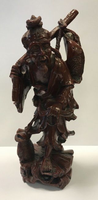 Vintage Resin Detailed Figurine Of A Chinese Man Carrying A Fish
