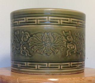 Large Antique Chinese Celadon / Longquan Glaze Carved Porcelain Brush Pot