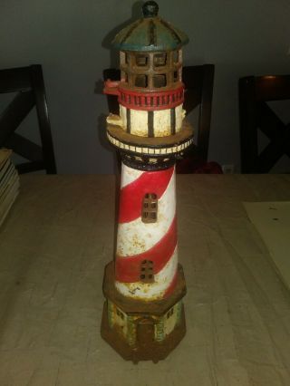 Large 17” Vintage Lighthouse Cast Iron Doorstop Candle Holder Cape Hatteras