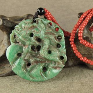 23 " Carved Chinese Antique Jadeite Jade Dragon Totem Pendant Necklace