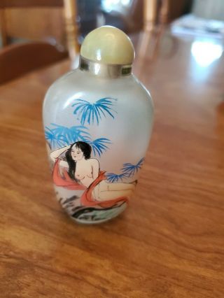Antique Chinese Reverse Painted Quartz Snuff Bottle Jadeite Stopper