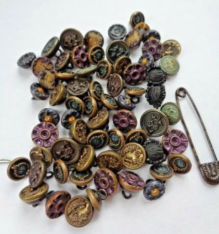 67 Antique Georgian Small Dress Vest Buttons Mourning Steel Cut Purple Enamel