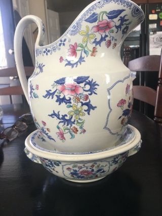 Spode 3 Piece Pitcher And Basin Blue & Rust Floral On White