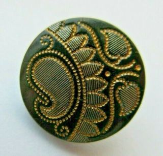 Exquisite Antique Vtg Victorian Black Glass Button Gold Luster Paisley 5/8 " (w)