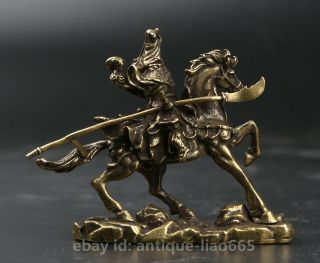 66MM Small Curio Chinese Bronze Ride A Horse Guan Gong Yu Warrior God Statue 关羽 3