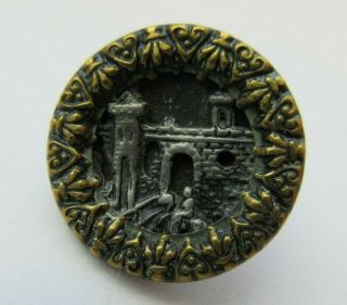 Wonderful Antique Vtg Victorian Metal Picture Button Knight On Horse Castle (w)