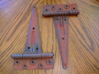 2 Large Barn Door Antique Steel Strap Hinges 12 1/4 Inch Vary Red Patina