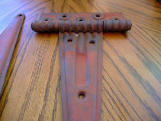 2 LARGE BARN DOOR ANTIQUE STEEL STRAP HINGES 12 1/4 INCH VARY RED PATINA 3