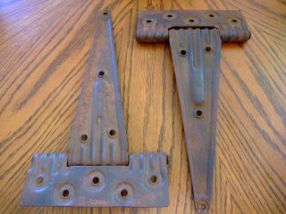 2 LARGE BARN DOOR ANTIQUE STEEL STRAP HINGES 12 1/4 INCH VARY RED PATINA 4