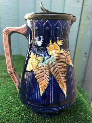 19thc Majolica Cobalt Blue Pitcher Or Jug With Pewter Lid C1880s