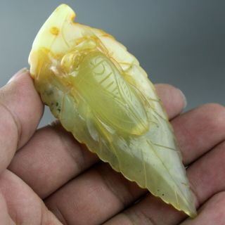 3.  5  China Old Green Red Jade Hand - Carved Cicada Leaf Statue Pendant 0158