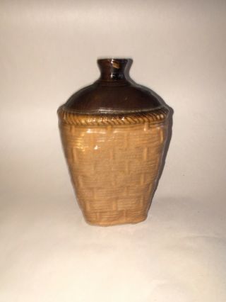 Antique Vintage Brown Stoneware Flask With Molded Basketweave Design